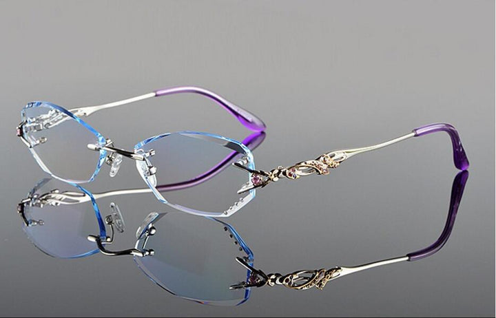 Women's Eyeglasses Diamond Cutting Rimless Titanium 8036B Rimless Chashma silver with blue  