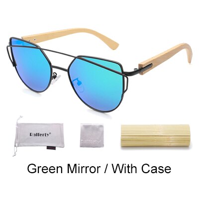 Ralferty Women's Cat Eye Bamboo Wood Mirror Sunglasses K1585 Sunglasses Ralferty Green - With Case China As picture