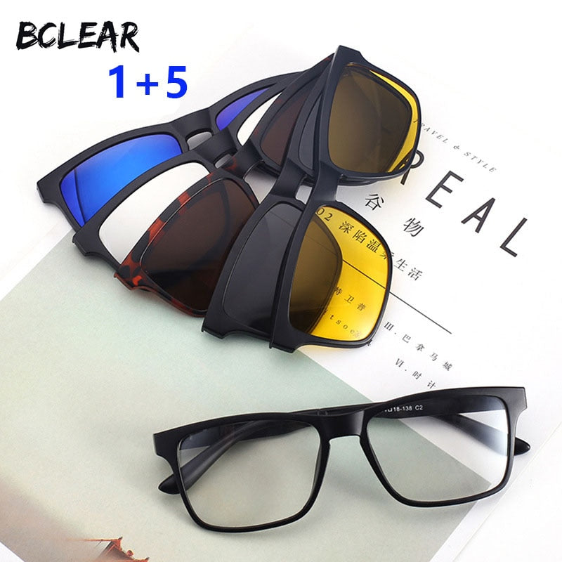 Bclear Men's Eyeglasses Tr 90 With 5 Clip On Polarized Lenses Clip On Sunglasses Bclear   