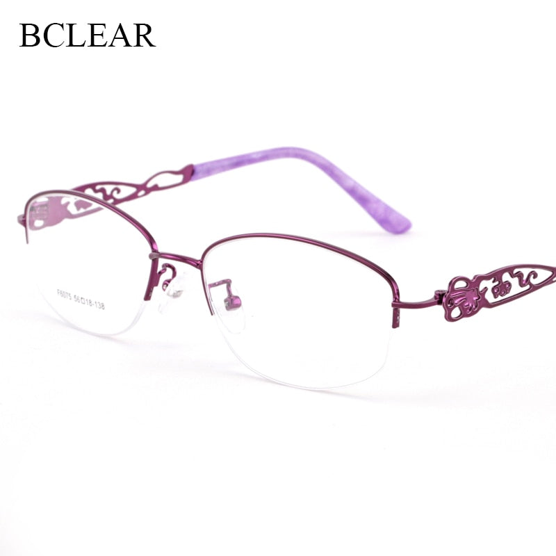 Women's Half Rim Hollow Alloy Frame Eyeglasses 6075 Semi Rim Bclear   