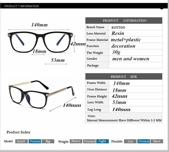 Kottdo Glasses Women Reading Eyeglasses Frame Men Square Glasses 0088 ...