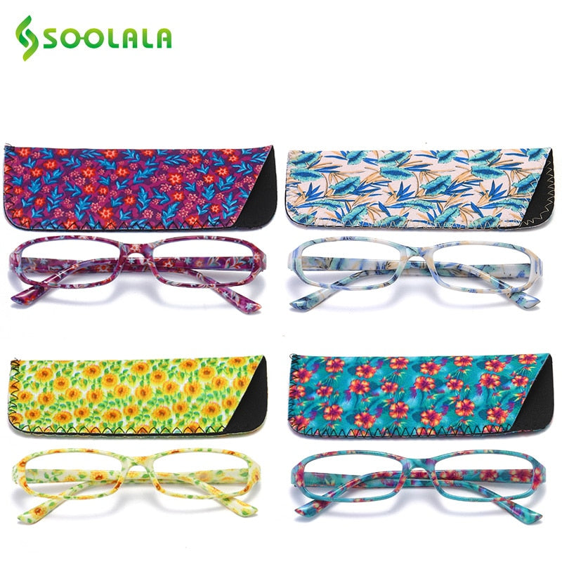 Soolala 4Pcs Womens Reading Glasses Spring Hinge Rectangular Printed Reading Glasses W/ Matching Pouch +1.0 1.5 1.75 2.25 To 4.0 Reading Glasses SOOLALA 4 Mixed Color-C +100 