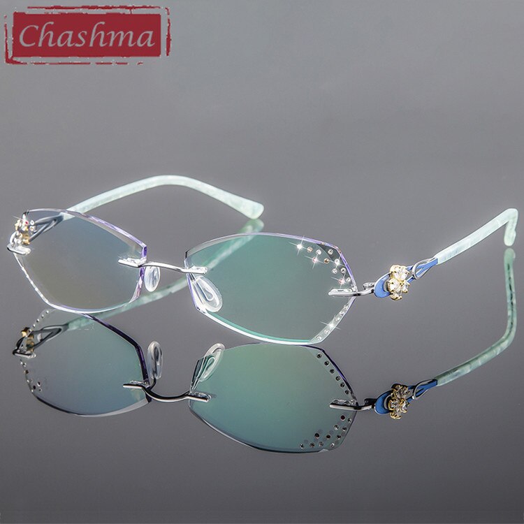 Women's Eyeglasses Diamond Cutting Rimless Titanium 2889 Rimless Chashma Blue  