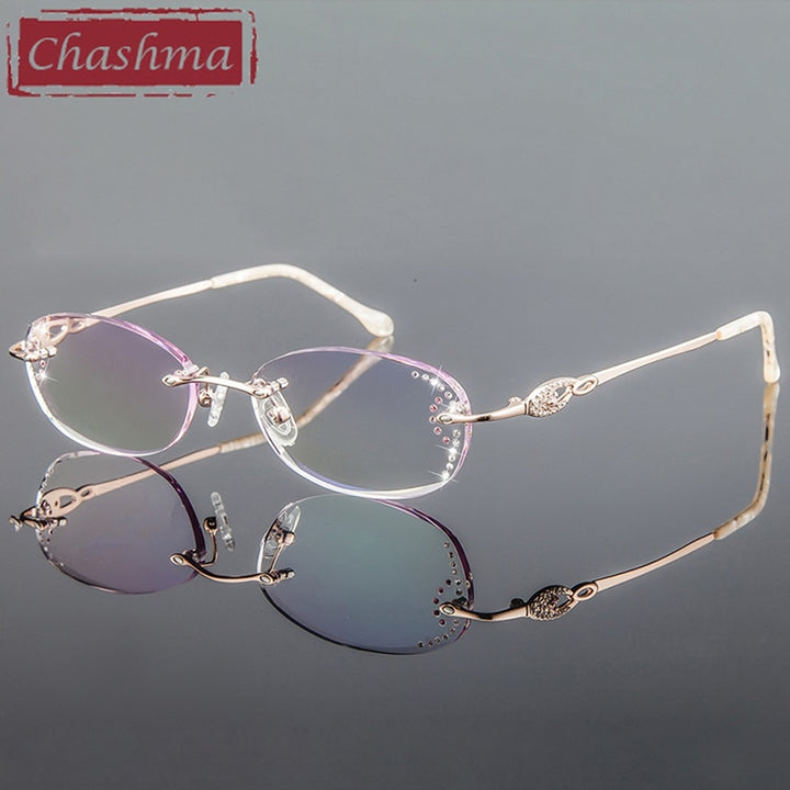Women's Eyeglasses Diamond Rimless Titanium 3089 Rimless Chashma Rose Gold-Pink Lens  