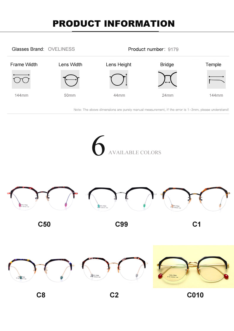 Oveliness Women's Semi Rim Round Acetate Alloy Eyeglasses 9179 Semi Rim Oveliness   
