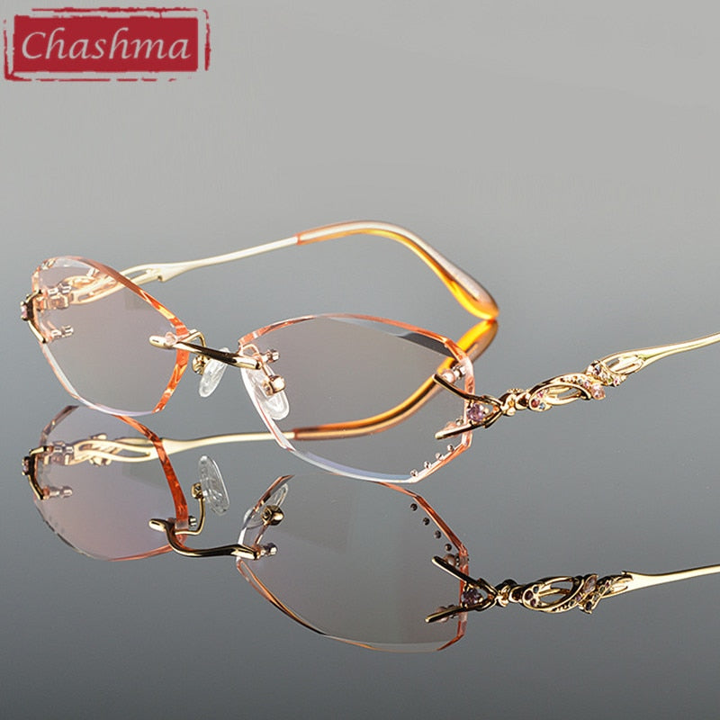 Chashma Ottica Women's Rimless Oval Rectangle Titanium Eyeglasses Tinted Lenses 8036b Rimless Chashma Ottica Gold  