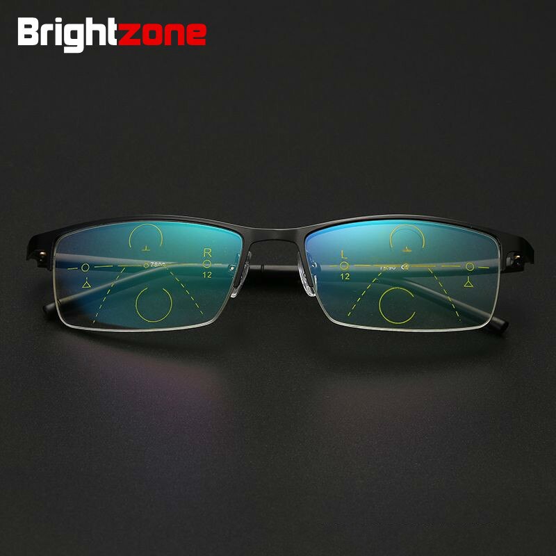 Men's Half Rim Square Alloy Metal Frame Progressive Lens Reading Glasses 00-400 Reading Glasses Brightzone   