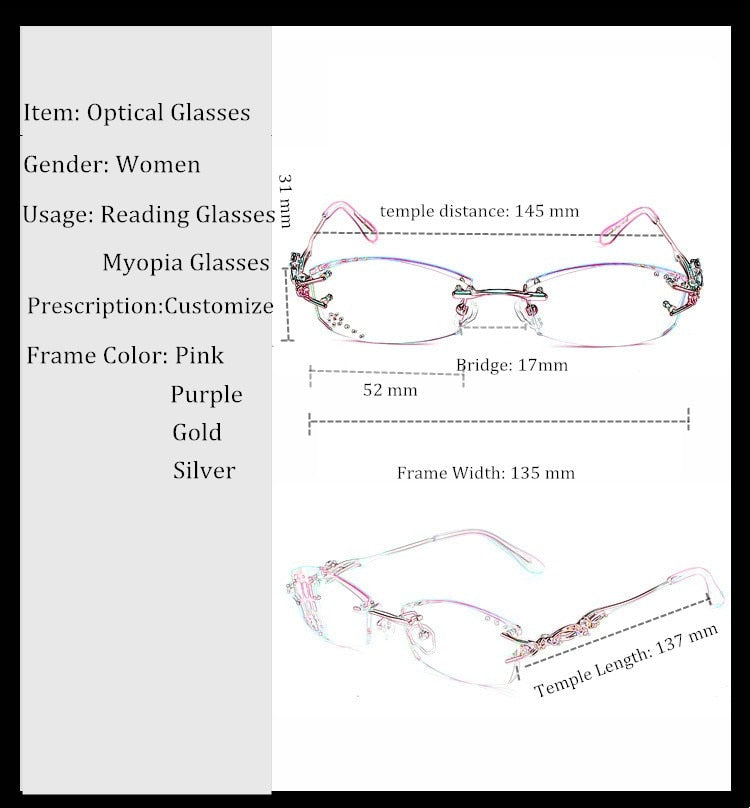 Chashma Ottica Women's Rimless Oval Rectangle Titanium Eyeglasses Tinted Lenses 8036b Rimless Chashma Ottica   