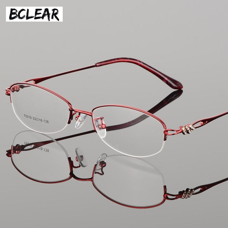 Women's Semi Rim Alloy Frame Eyeglasses F6019 Semi Rim Bclear Red  