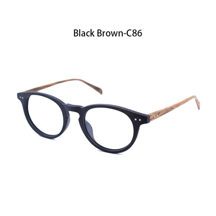 Hdcrafter Unisex Full Rim Round Wood Frame Eyeglasses Ps6089 Full Rim Hdcrafter Eyeglasses black brown C86  