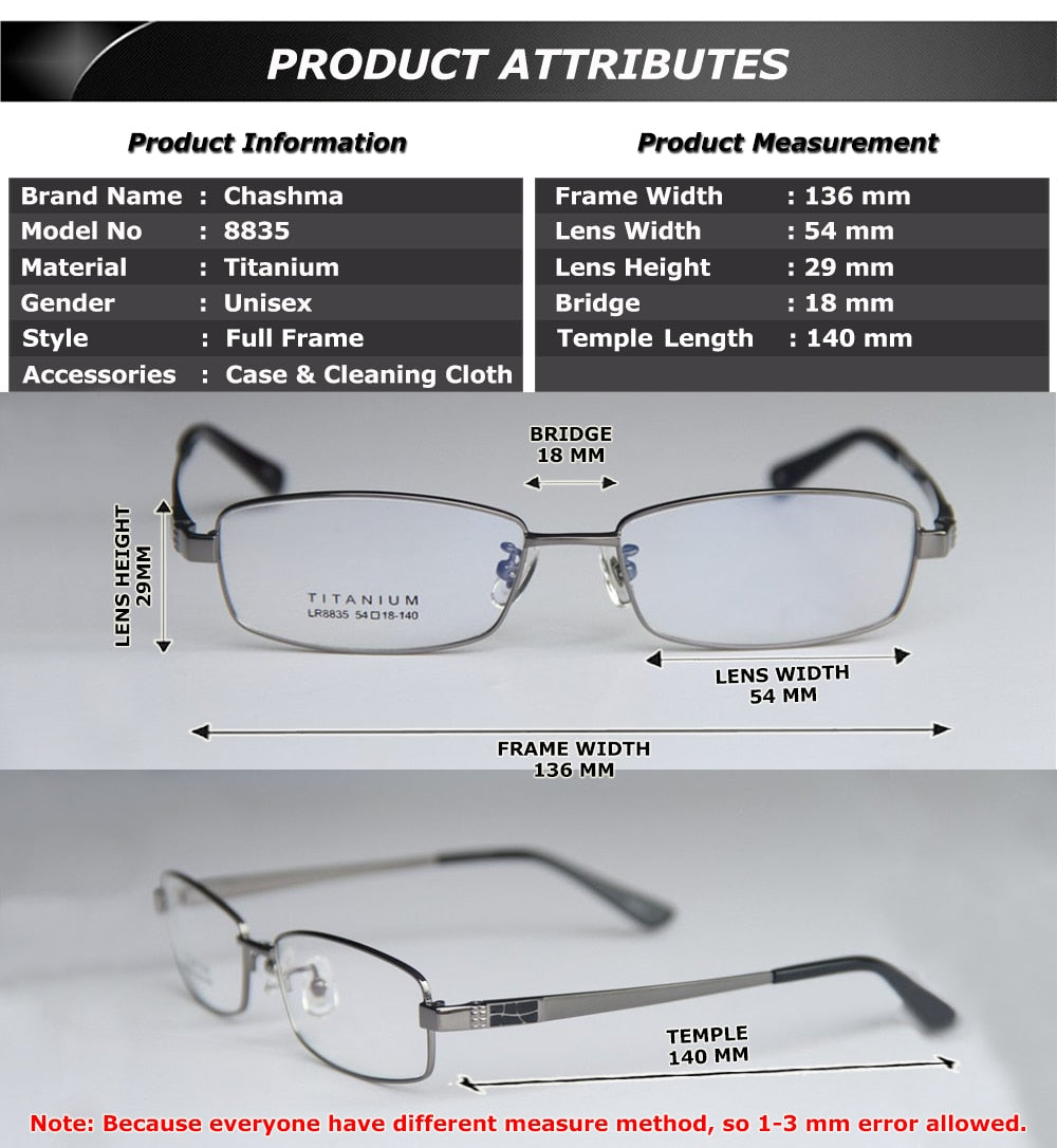 Chashma Ottica Men's Full Rim Rectangle Titanium Eyeglasses 8835 Full Rim Chashma Ottica   