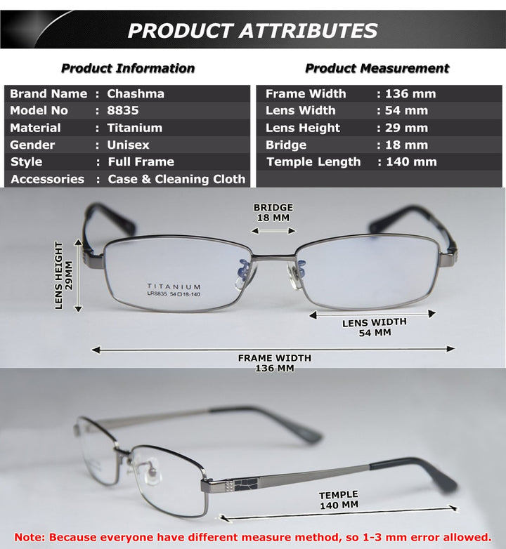 Chashma Ottica Men's Full Rim Rectangle Titanium Eyeglasses 8835 Full Rim Chashma Ottica   