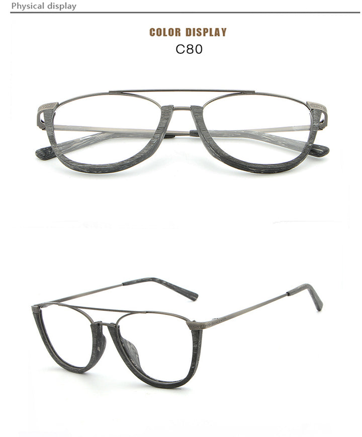 Hdcrafter Unisex Full Rim Round Double Bridge Wood Metal Frame Eyeglasses Hb032 Full Rim Hdcrafter Eyeglasses   