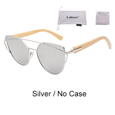 Ralferty Women's Cat Eye Bamboo Wood Mirror Sunglasses K1585 Sunglasses Ralferty Silver - No Case China As picture