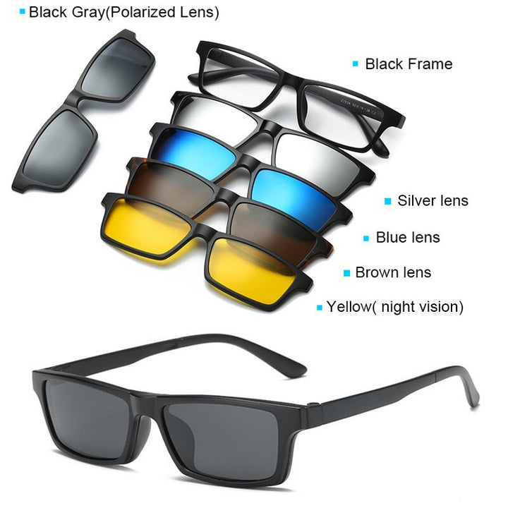 Unisex Clip On Polarized Sunglasses Magnetic 5 Piece Set Eyeglasses 2201A Sunglasses Brightzone   
