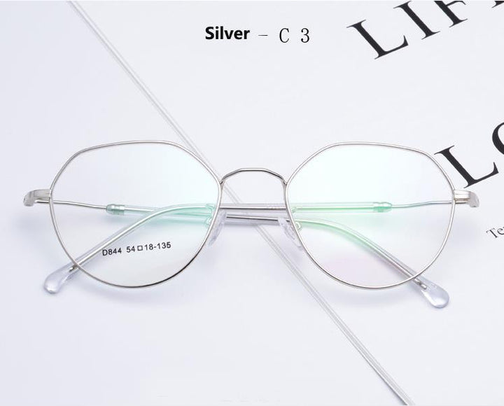 Women's Polygonal Alloy Frame Eyeglasses D844 Frame Bclear Silver C3  