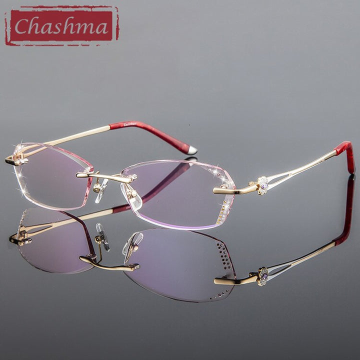 Women's Rimless Eyeglasses Square Diamond Trimmed 856 Rimless Chashma Gray Red  
