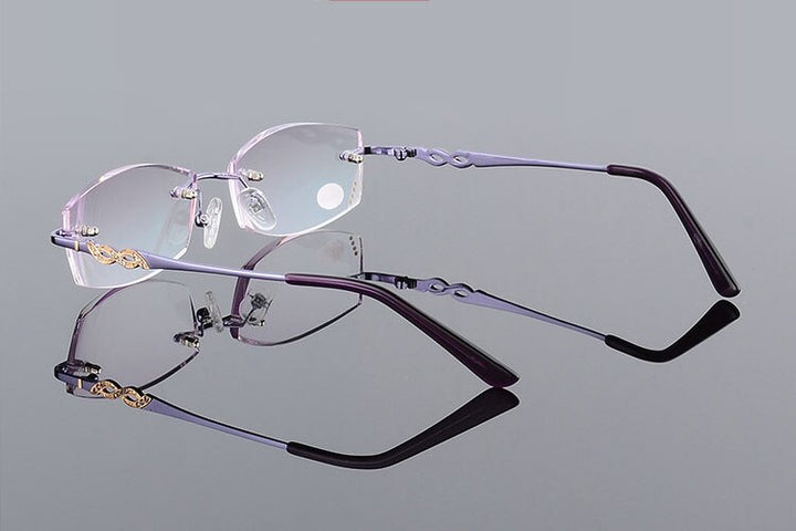 Women's Rimless Diamond Trimming Reading Glasses Alloy W03 Reading Glasses Bclear +100 Purple 
