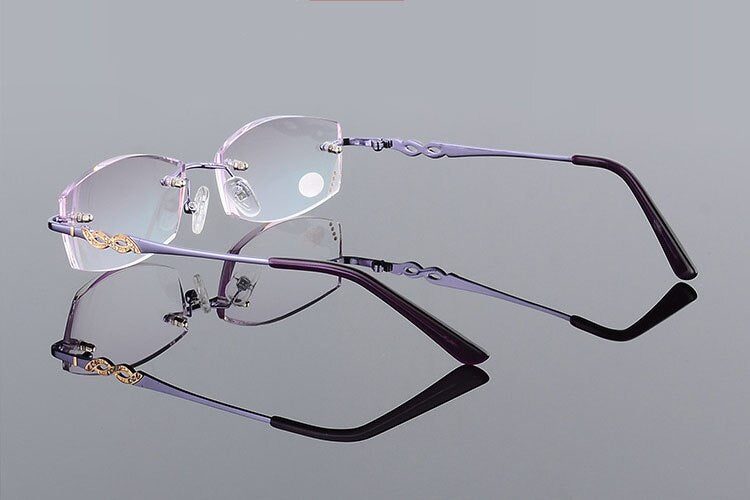 Women's Rimless Diamond Trimming Reading Glasses Alloy W03 Reading Glasses Bclear +100 Purple