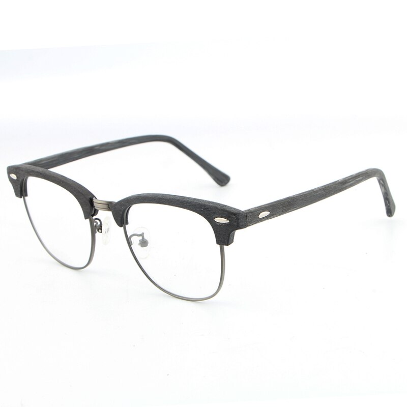 Hdcrafter Unisex Full Rim Round Half Wood Metal Frame Eyeglasses Full Rim Hdcrafter Eyeglasses black grey C82  