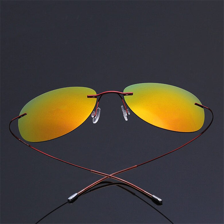 Men's Sunglasses Pure Titanium Rimless Polarized Ultra-light Flexible Sunglasses Brightzone Red Yellow  