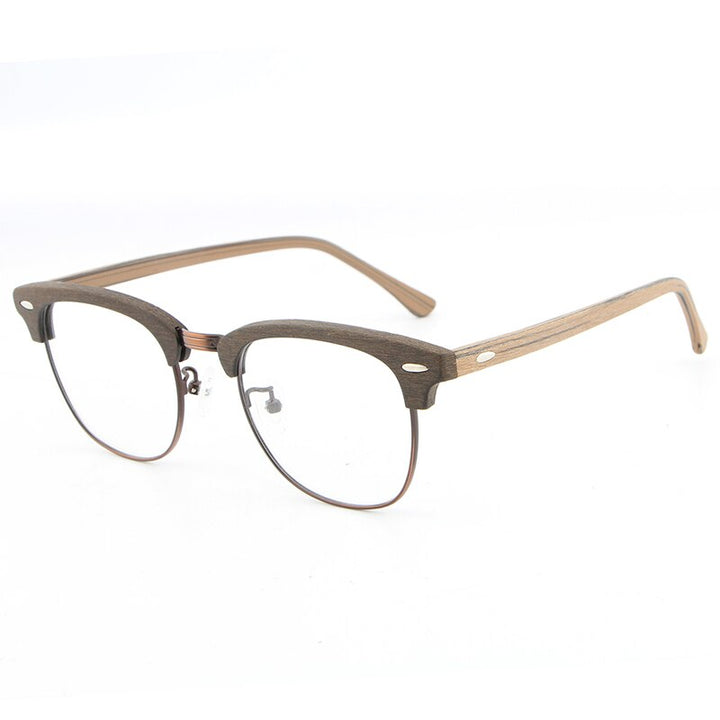 Hdcrafter Unisex Full Rim Round Half Wood Metal Frame Eyeglasses Full Rim Hdcrafter Eyeglasses coffee brown C62  