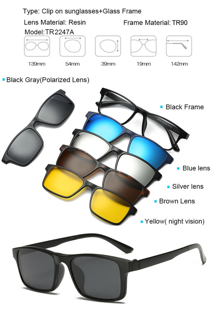 Men's Magnetic Clip-On 5 Piece Sunglasses Tr90 Frame Eyeglasses Sb31 Sunglasses Brightzone TR2247A  