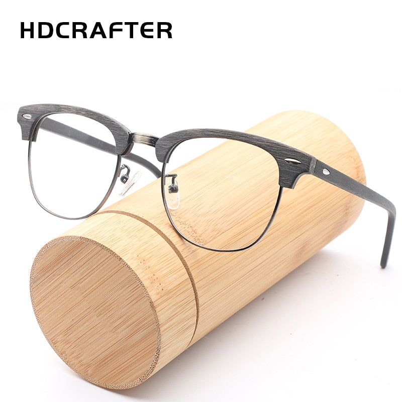 Hdcrafter Unisex Full Rim Round Half Wood Metal Frame Eyeglasses Full Rim Hdcrafter Eyeglasses   