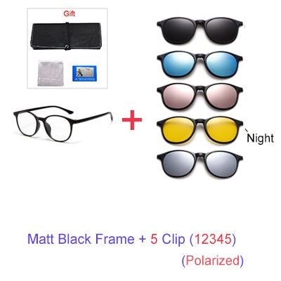 Ralferty Women's Full Rim Round Tr 90 Eyeglasses With 6 Clip On Polarized Sunglasses A2245 Clip On Sunglasses Ralferty 1Frame 5 Clip 12345 Matt Black 