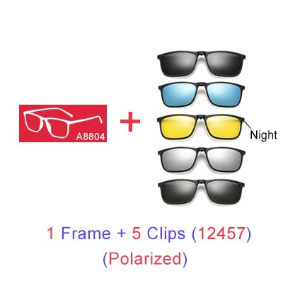 Ralferty Magnetic Sunglasses Men 5 In 1 Polarized Clip On Women Square Sunglases Ultra-Light Night Vision Glasses A8804 Clip On Sunglasses Ralferty 1 Frame 5 Clip 12457 Blue Frame 