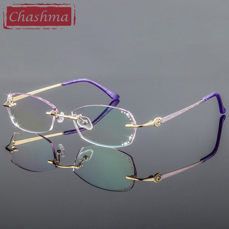 Women's Eyeglasses Diamond Trimmed Titanium Rimless 2890 Rimless Chashma Purple  