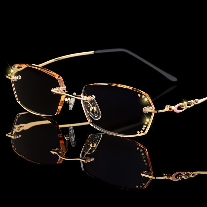 Women's Reading Glasses Diamond Cutting Rimless Golden 3039 Reading Glasses SunnyFunnyDay +100 Gold 