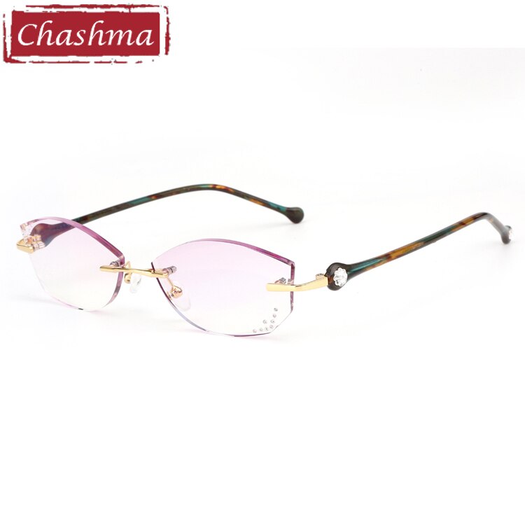 Women's Eyeglasses Rimless Diamond Trimmed Stones 7707 Rimless Chashma Green Flower  