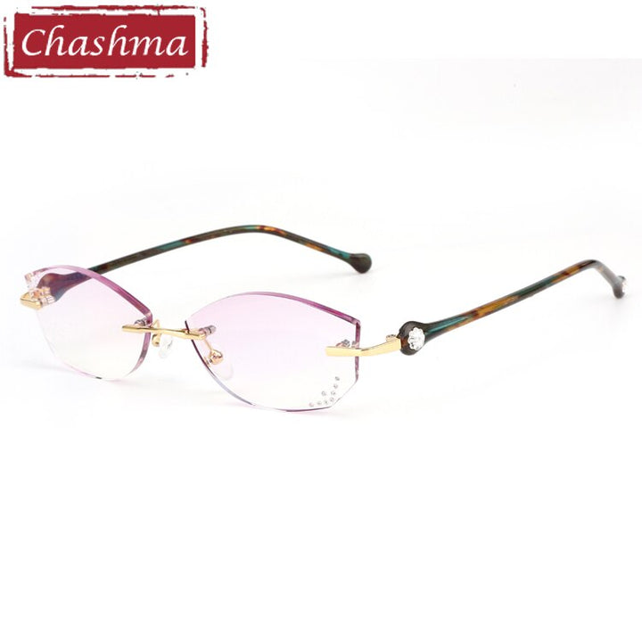 Women's Eyeglasses Rimless Diamond Trimmed Stones 7707 Rimless Chashma Green Flower  