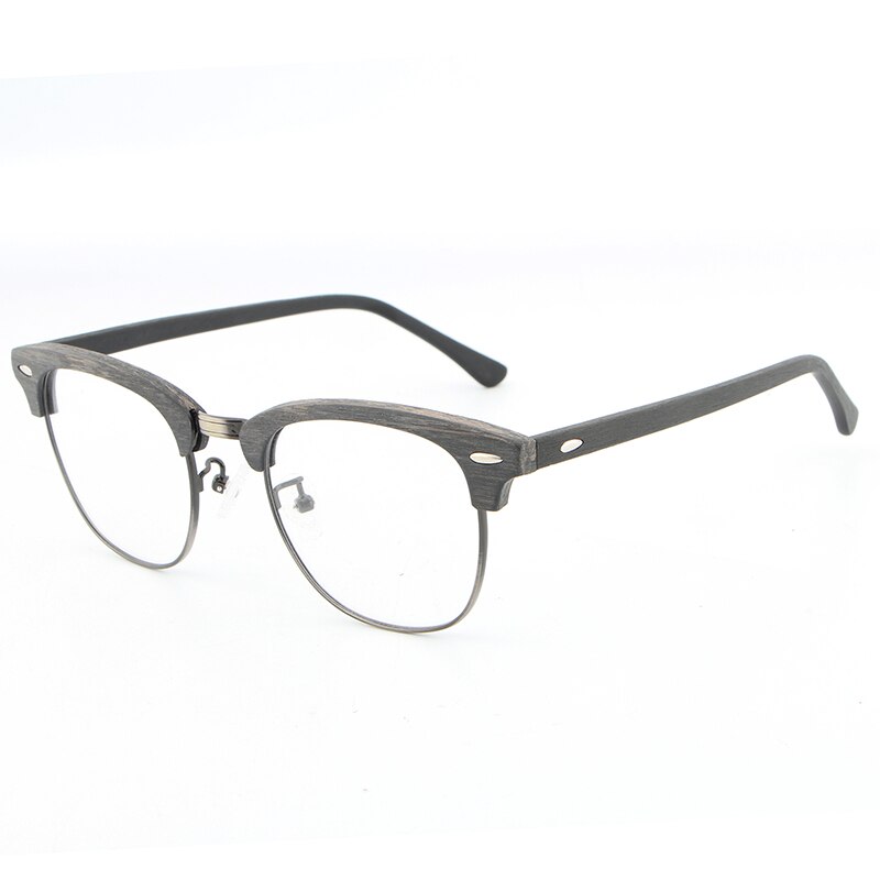 Hdcrafter Unisex Full Rim Round Half Wood Metal Frame Eyeglasses Full Rim Hdcrafter Eyeglasses grey black C96  
