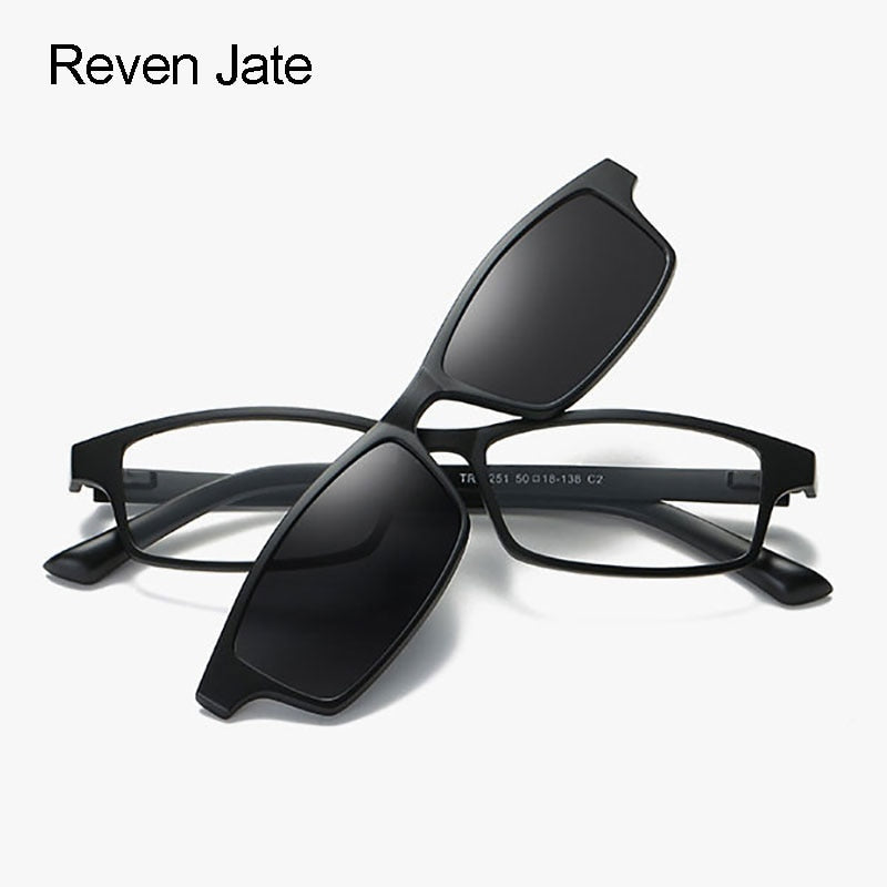 Reven Jate Women's Full Rim Rectangle Tr 90 Eyeglasses Clip On Polarized Sunglasses S206 With Clip Ons Reven Jate   