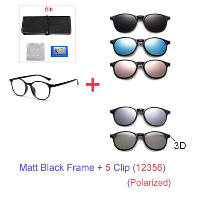 Ralferty 6 In 1 Magnet Sunglasses Women Polarized Eyeglass Frame With Clip On Glasses Men Round Uv400 Tr90 3D Yellow A2245 Sunglasses Ralferty 1Frame 5 Clip 12356  