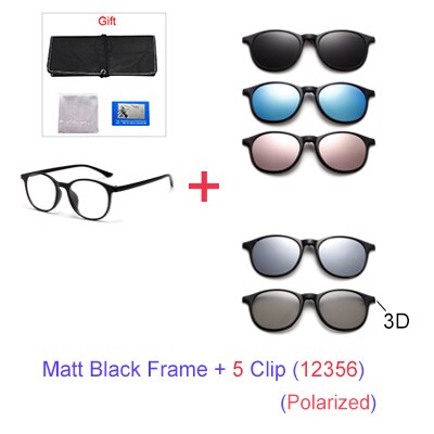 Ralferty Women's Full Rim Round Tr 90 Eyeglasses With 6 Clip On Polarized Sunglasses A2245 Clip On Sunglasses Ralferty 1Frame 5 Clip 12356 Matt Black 