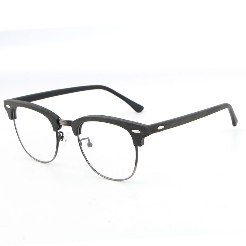 Hdcrafter Unisex Full Rim Round Half Wood Metal Frame Eyeglasses Full Rim Hdcrafter Eyeglasses Black C10  