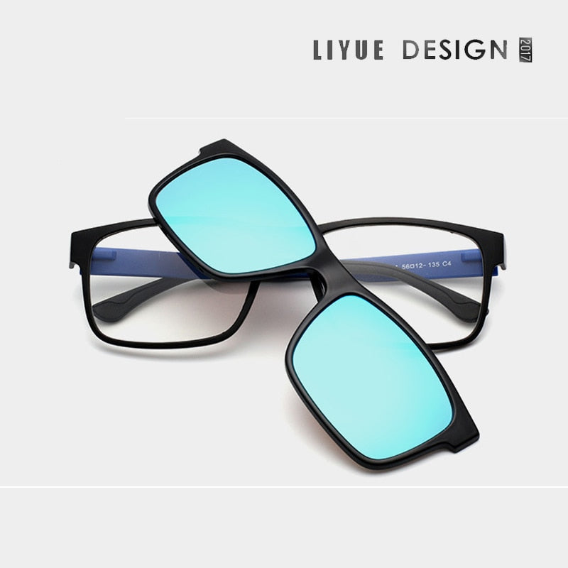 Oveliness Unisex Full Rim Square Tr 90 Titanium Eyeglasses Polarized Clip On Sunglasses 1641 Clip On Sunglasses Oveliness black blue  