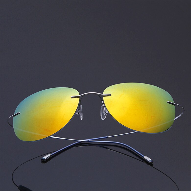 Men's Sunglasses Pure Titanium Rimless Polarized Ultra-light Flexible Sunglasses Brightzone Silver Yellow  
