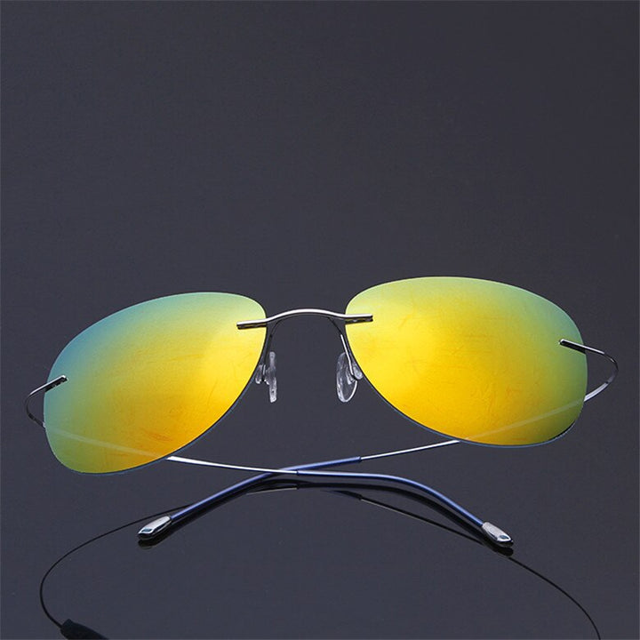 Men's Sunglasses Pure Titanium Rimless Polarized Ultra-light Flexible Sunglasses Brightzone Silver Yellow  