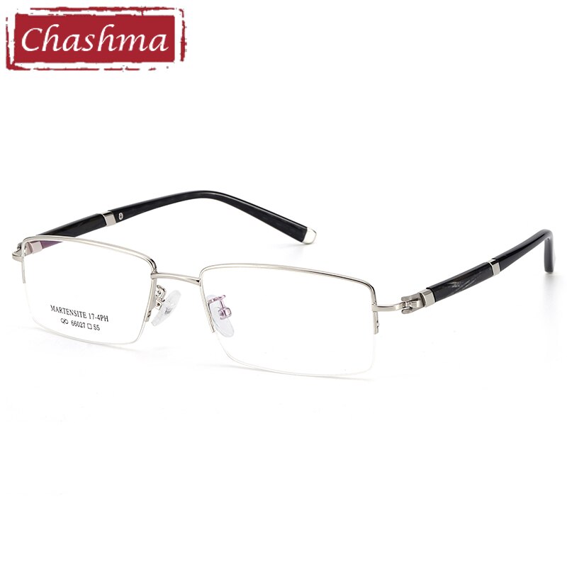 Men's Semi Rimmed Titanium Alloy Frame Rectangle Eyeglasses 66027 Semi Rim Chashma Silver  
