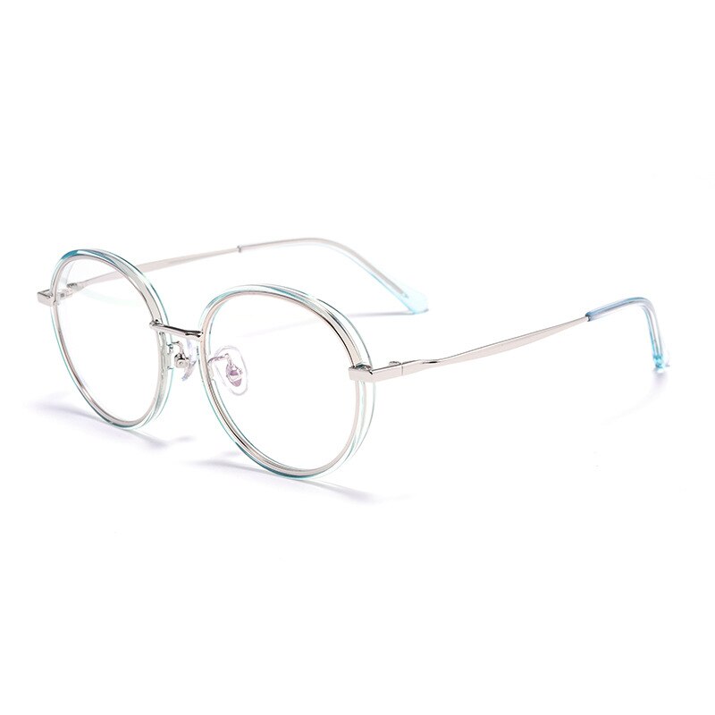 KatKani Women's Full Rim Round TR 90 Resin Plated Titanium Frame Eyeglasses 2210yj Full Rim KatKani Eyeglasses Cyan Silver  