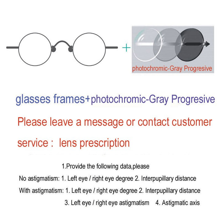 Unisex Handcrafted Small Round Eyeglasses Customizable Lenses Frame Yujo 1.61 Index Progressive Photochromic Gray China 