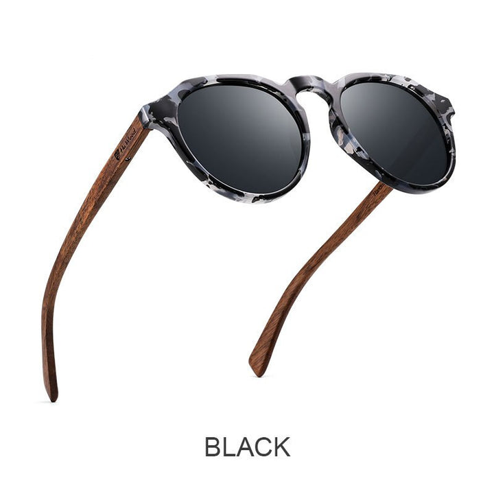 Yimaruili Unisex Full Rim Round Wood Frame HD Polarized Sunglasses 8048 Sunglasses Yimaruili Sunglasses Black  
