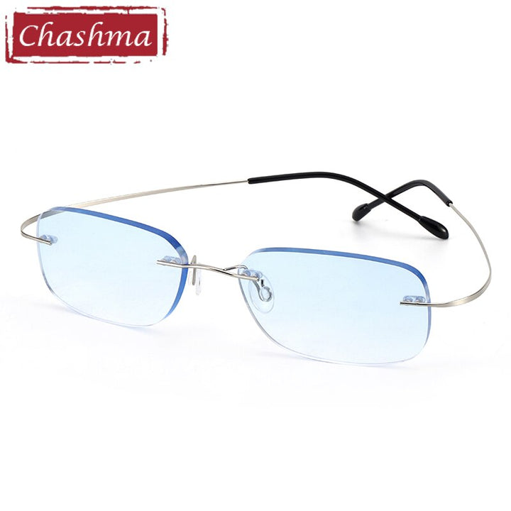 Men's Rimless Rectangular Titanium Frame Eyeglasses 6074-1 Rimless Chashma Silver with Blue  