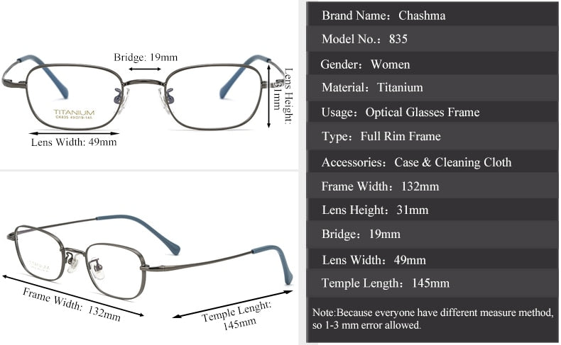 Chashma Ottica Unisex Full Rim Square Titanium Eyeglasses 835 Full Rim Chashma Ottica   