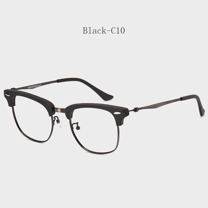 Hdcrafter Men's Full Rim Round Wood Alloy Frame Eyeglasses 8057 Full Rim Hdcrafter Eyeglasses Black-C10  