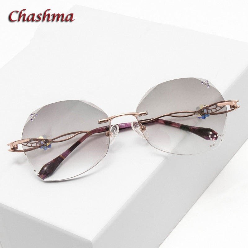 Chashma Ochki Women's Rimless Round Titanium Eyeglasses Gradient Tinted Demo Diamond Cut Lenses 007 Rimless Chashma Ochki   